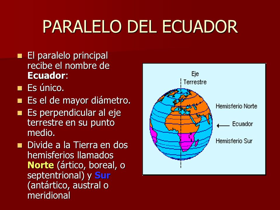 PARALELO DEL ECUADOR El paralelo principal recibe el nombre de Ecuador: Es único. Es el de mayor diámetro.