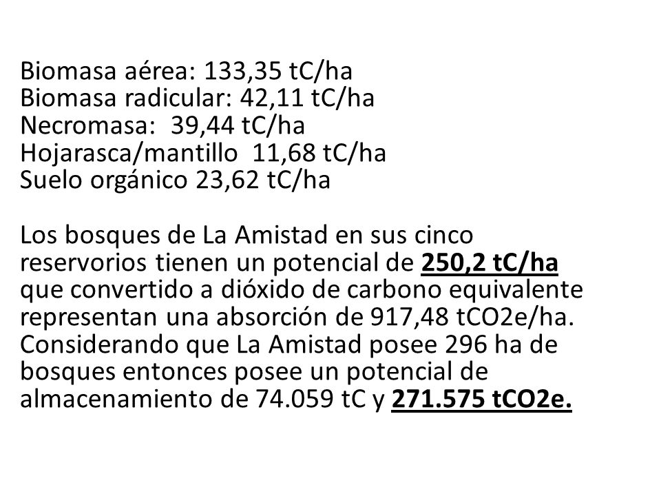 Biomasa aérea: 133,35 tC/ha Biomasa radicular: 42,11 tC/ha Necromasa: 39,44 tC/ha Hojarasca/mantillo 11,68 tC/ha Suelo orgánico 23,62 tC/ha Los bosques de La Amistad en sus cinco reservorios tienen un potencial de 250,2 tC/ha que convertido a dióxido de carbono equivalente representan una absorción de 917,48 tCO2e/ha.
