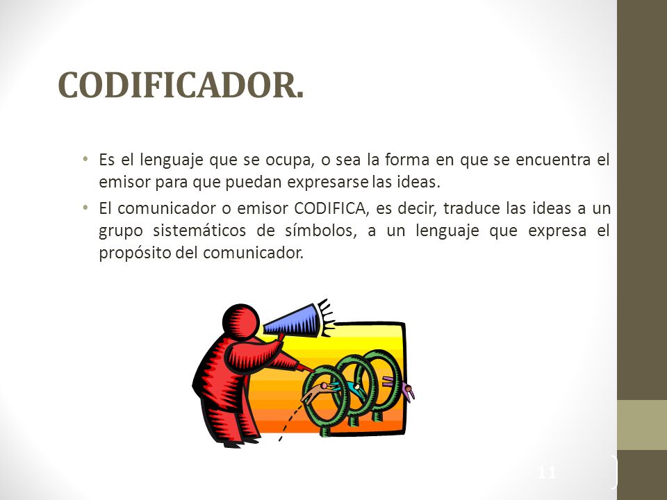 CODIFICADOR. Es el lenguaje que se ocupa, o sea la forma en que se encuentra el emisor para que puedan expresarse las ideas.