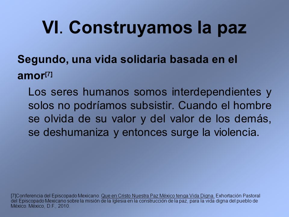 VI. Construyamos la paz Segundo, una vida solidaria basada en el