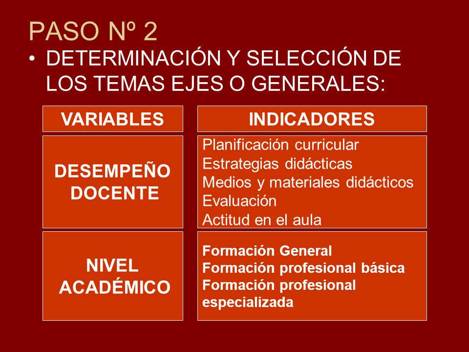 PASO Nº 2 DETERMINACIÓN Y SELECCIÓN DE LOS TEMAS EJES O GENERALES: