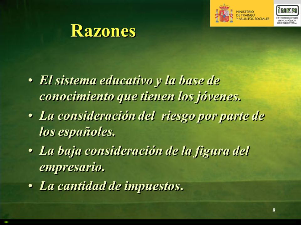 Razones El sistema educativo y la base de conocimiento que tienen los jóvenes. La consideración del riesgo por parte de los españoles.