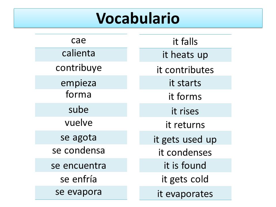Vocabulario cae it falls calienta it heats up contribuye