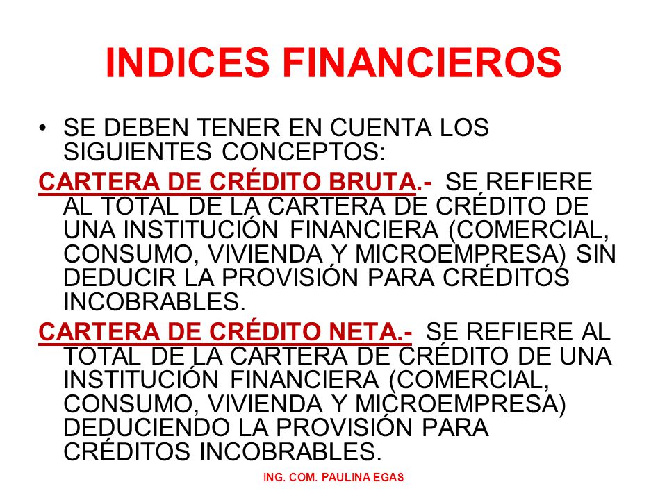 INDICES FINANCIEROS SE DEBEN TENER EN CUENTA LOS SIGUIENTES CONCEPTOS: