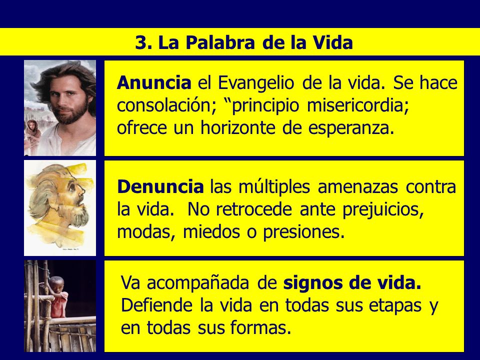 3. La Palabra de la Vida Anuncia el Evangelio de la vida. Se hace consolación; principio misericordia; ofrece un horizonte de esperanza.