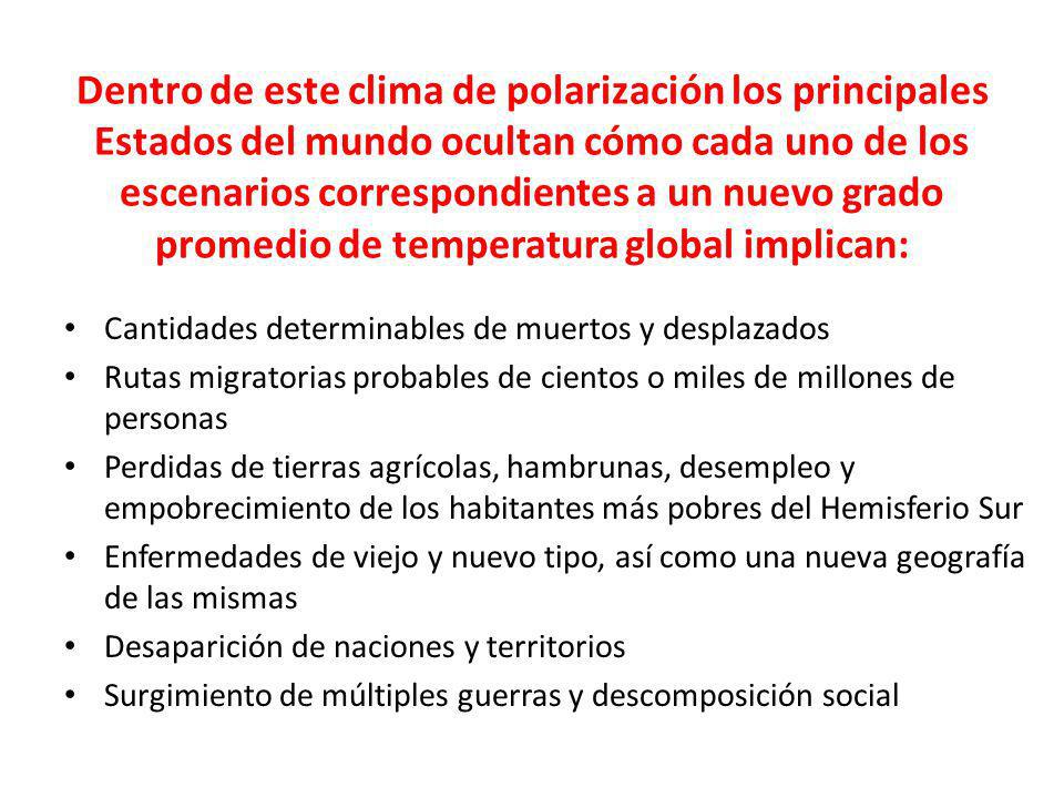 Dentro de este clima de polarización los principales Estados del mundo ocultan cómo cada uno de los escenarios correspondientes a un nuevo grado promedio de temperatura global implican: