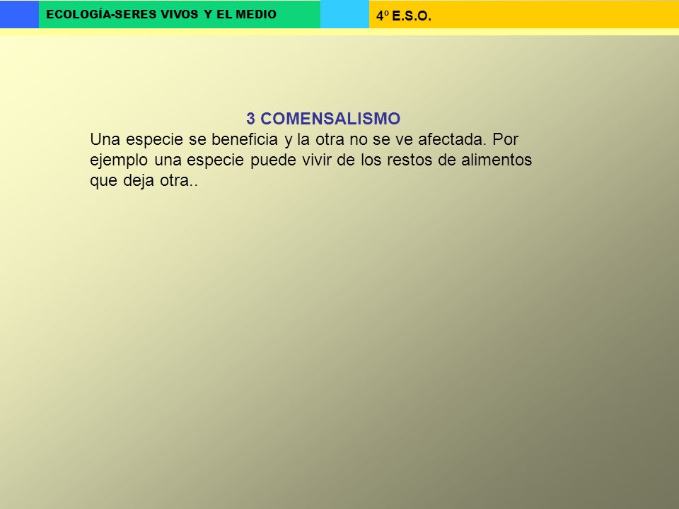 3 COMENSALISMO Una especie se beneficia y la otra no se ve afectada.