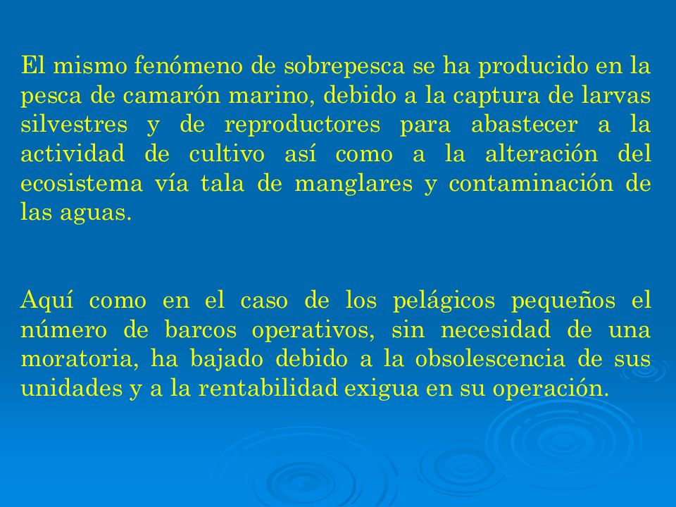 El mismo fenómeno de sobrepesca se ha producido en la pesca de camarón marino, debido a la captura de larvas silvestres y de reproductores para abastecer a la actividad de cultivo así como a la alteración del ecosistema vía tala de manglares y contaminación de las aguas.
