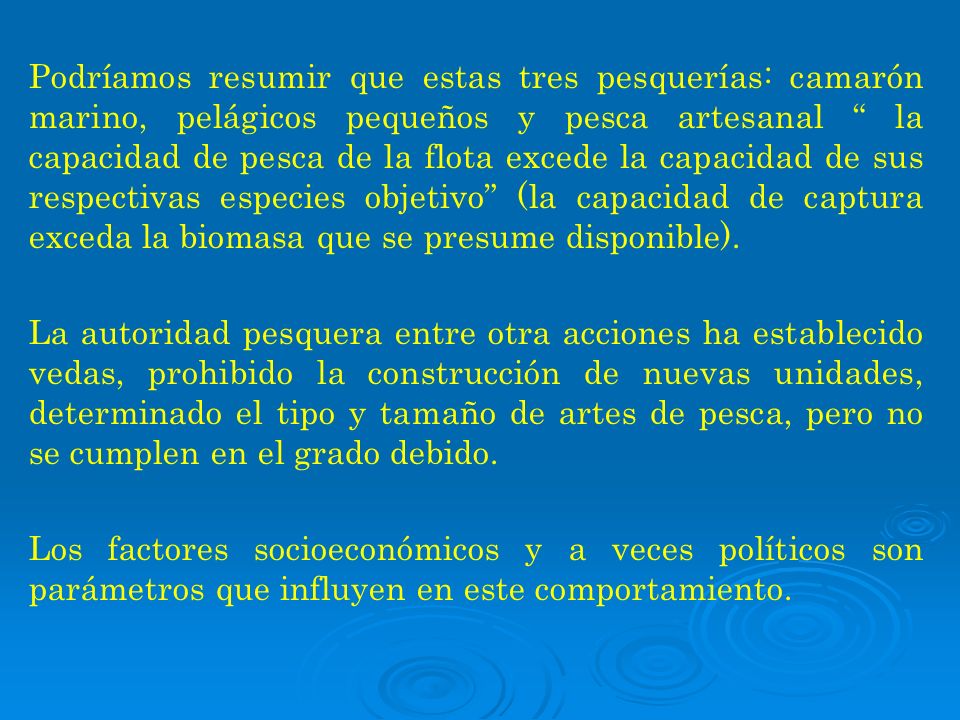 Podríamos resumir que estas tres pesquerías: camarón marino, pelágicos pequeños y pesca artesanal la capacidad de pesca de la flota excede la capacidad de sus respectivas especies objetivo (la capacidad de captura exceda la biomasa que se presume disponible).