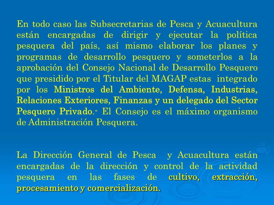 En todo caso las Subsecretarias de Pesca y Acuacultura están encargadas de dirigir y ejecutar la política pesquera del país, así mismo elaborar los planes y programas de desarrollo pesquero y someterlos a la aprobación del Consejo Nacional de Desarrollo Pesquero que presidido por el Titular del MAGAP estas integrado por los Ministros del Ambiente, Defensa, Industrias, Relaciones Exteriores, Finanzas y un delegado del Sector Pesquero Privado.- El Consejo es el máximo organismo de Administración Pesquera.