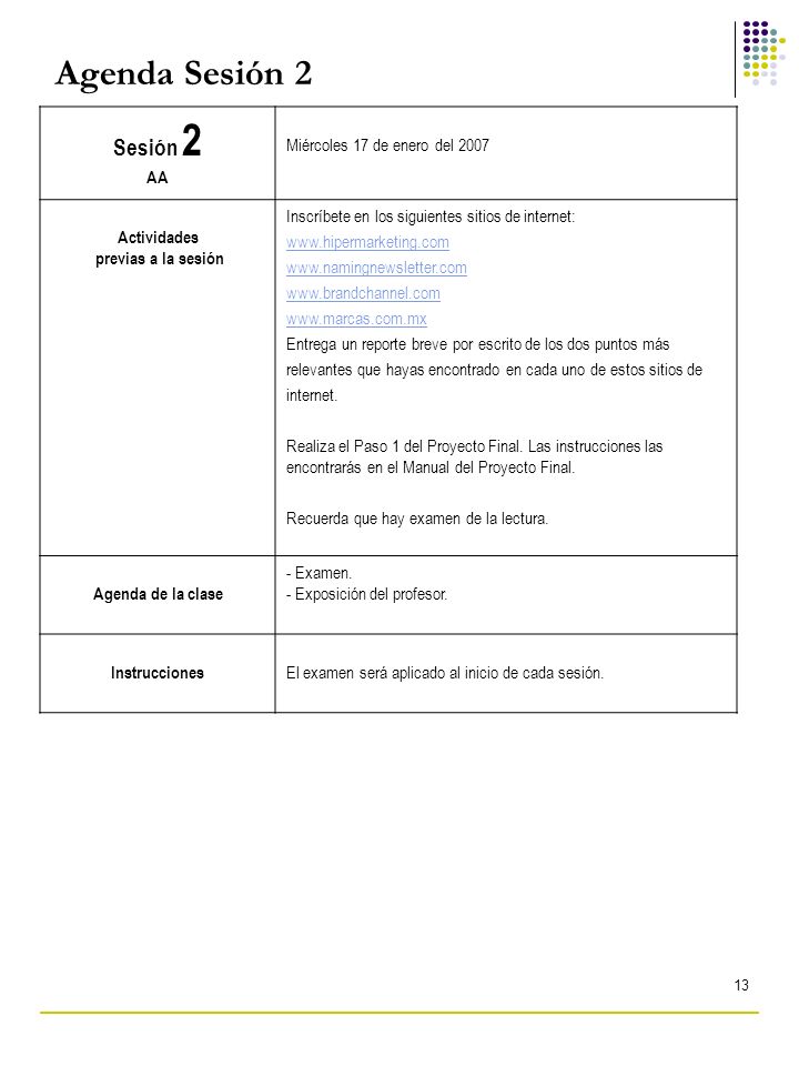 Agenda Sesión 2 Sesión 2 AA Miércoles 17 de enero del 2007 Actividades
