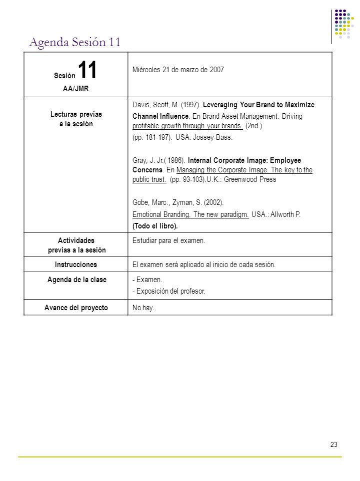 Agenda Sesión 11 Sesión 11 AA/JMR Miércoles 21 de marzo de 2007