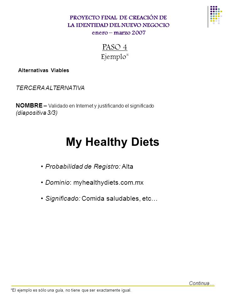 My Healthy Diets PASO 4 Ejemplo* Probabilidad de Registro: Alta