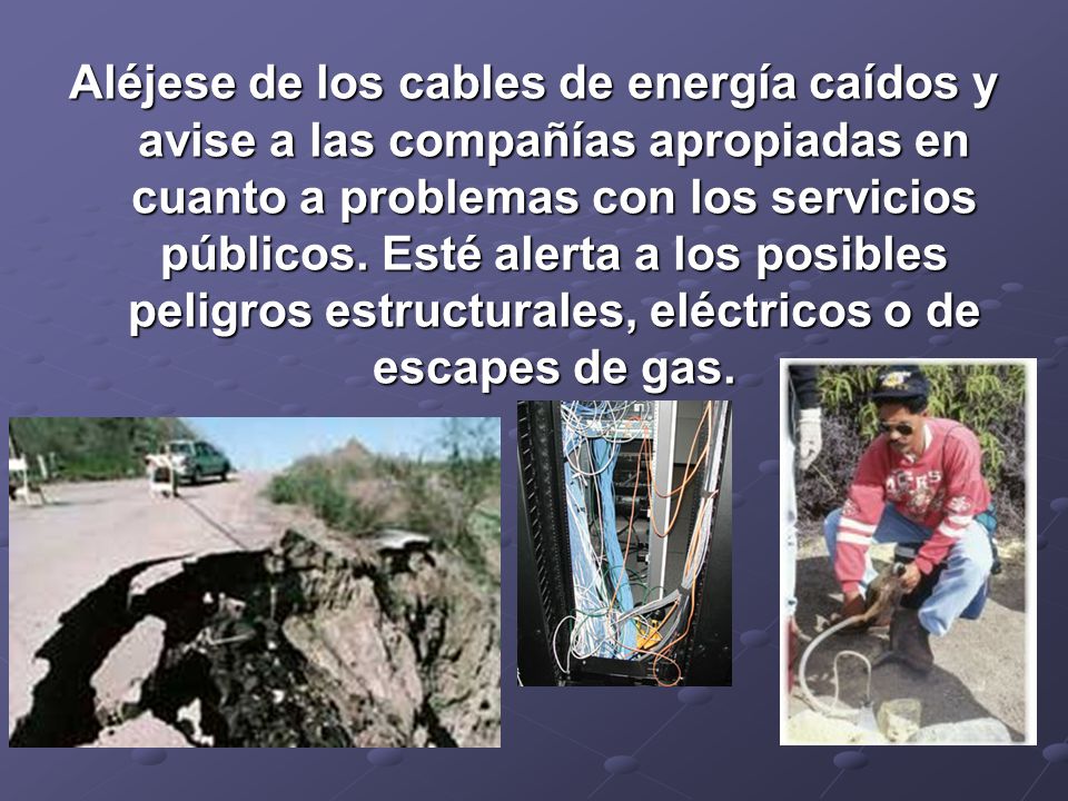 Aléjese de los cables de energía caídos y avise a las compañías apropiadas en cuanto a problemas con los servicios públicos.