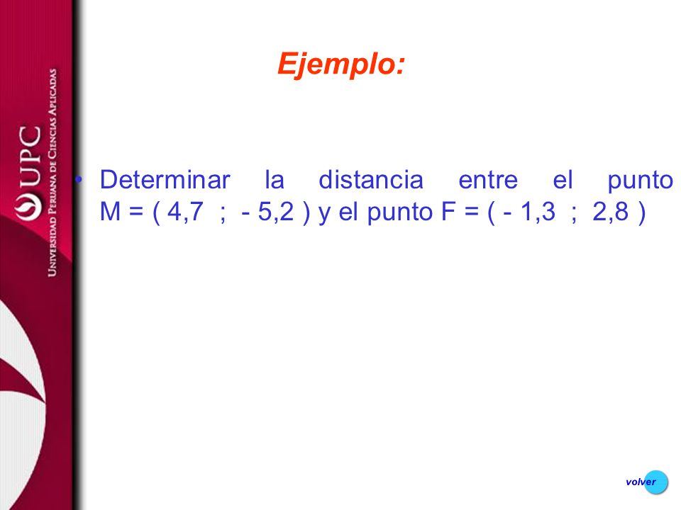 Ejemplo: Determinar la distancia entre el punto M = ( 4,7 ; - 5,2 ) y el punto F = ( - 1,3 ; 2,8 )