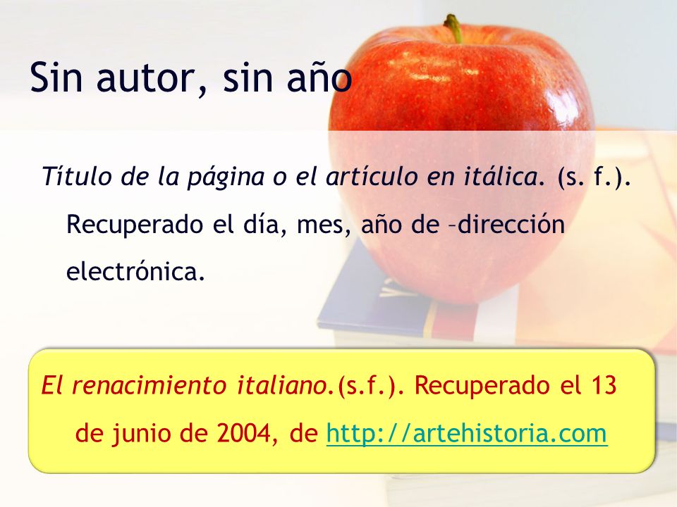Sin autor, sin año Título de la página o el artículo en itálica. (s. f.). Recuperado el día, mes, año de –dirección electrónica.