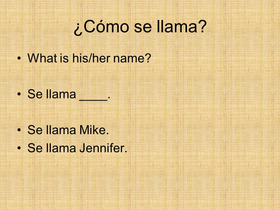 ¿Cómo se llama What is his/her name Se llama ____. Se llama Mike.