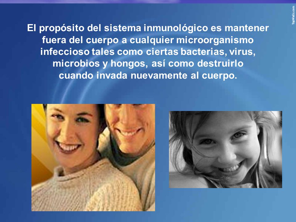 El propósito del sistema inmunológico es mantener fuera del cuerpo a cualquier microorganismo infeccioso tales como ciertas bacterias, virus, microbios y hongos, así como destruirlo cuando invada nuevamente al cuerpo.