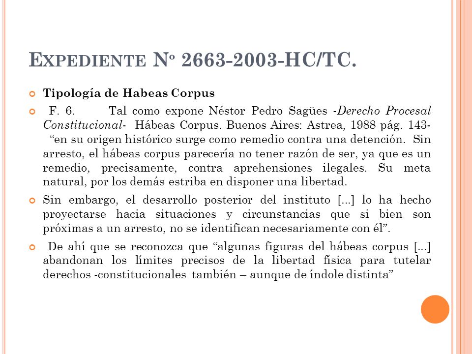 Expediente Nº HC/TC. Tipología de Habeas Corpus