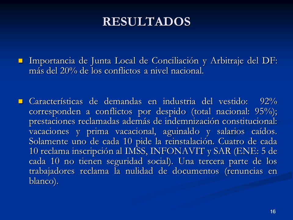 RESULTADOS Importancia de Junta Local de Conciliación y Arbitraje del DF: más del 20% de los conflictos a nivel nacional.