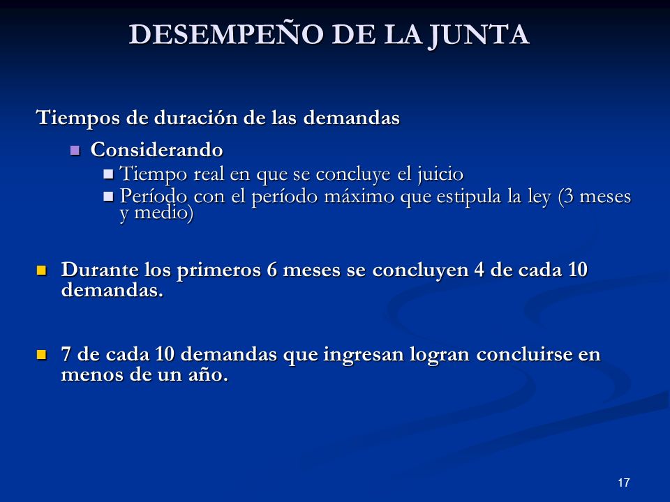 DESEMPEÑO DE LA JUNTA Tiempos de duración de las demandas Considerando