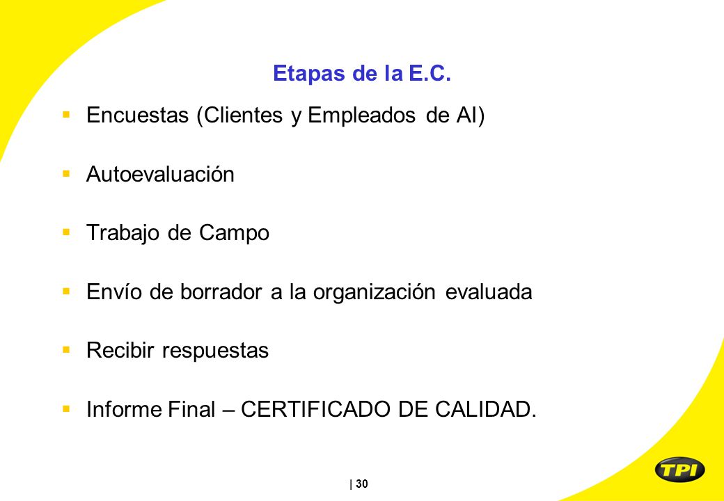 Etapas de la E.C. Encuestas (Clientes y Empleados de AI) Autoevaluación. Trabajo de Campo. Envío de borrador a la organización evaluada.