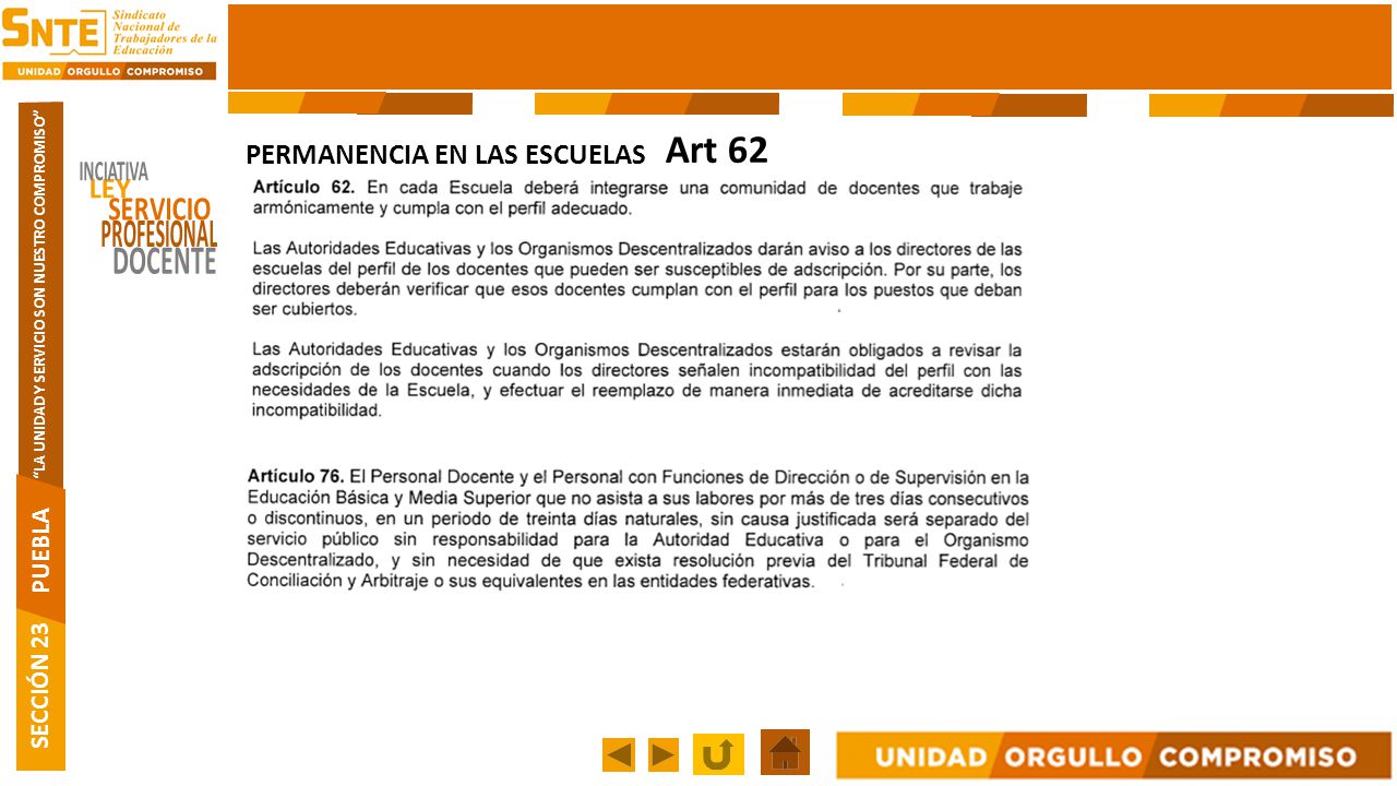 Art 62 PERMANENCIA EN LAS ESCUELAS INCIATIVA LEY SERVICIO PROFESIONAL