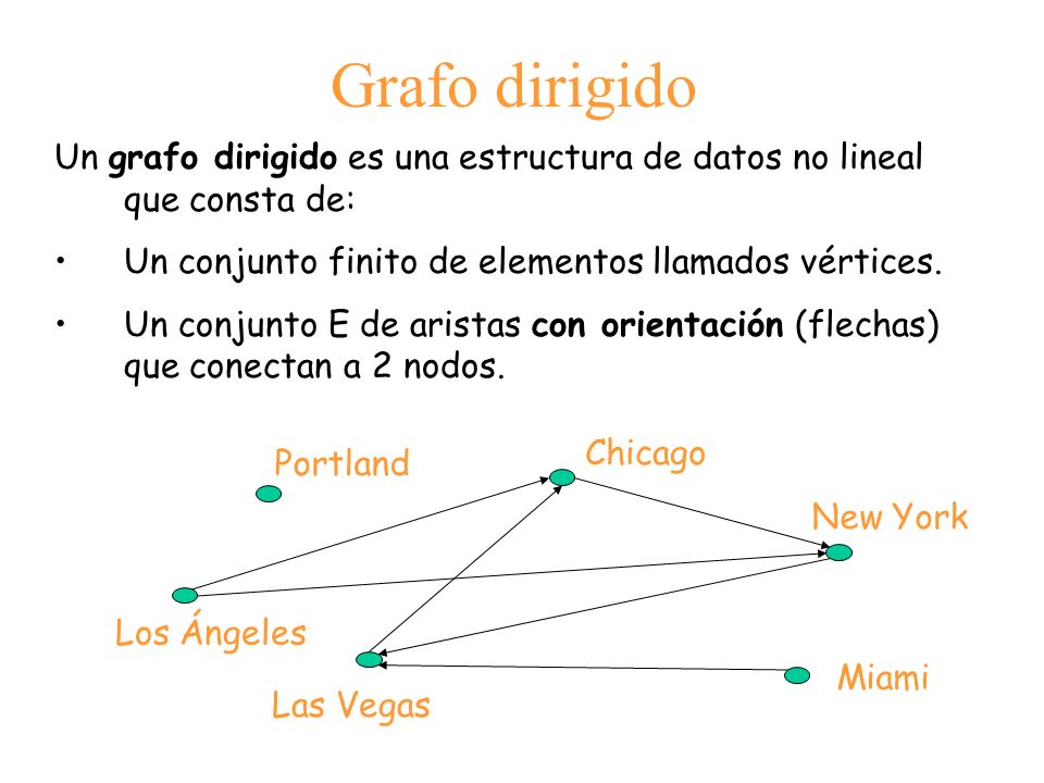 Grafo dirigido Un grafo dirigido es una estructura de datos no lineal que consta de: Un conjunto finito de elementos llamados vértices.