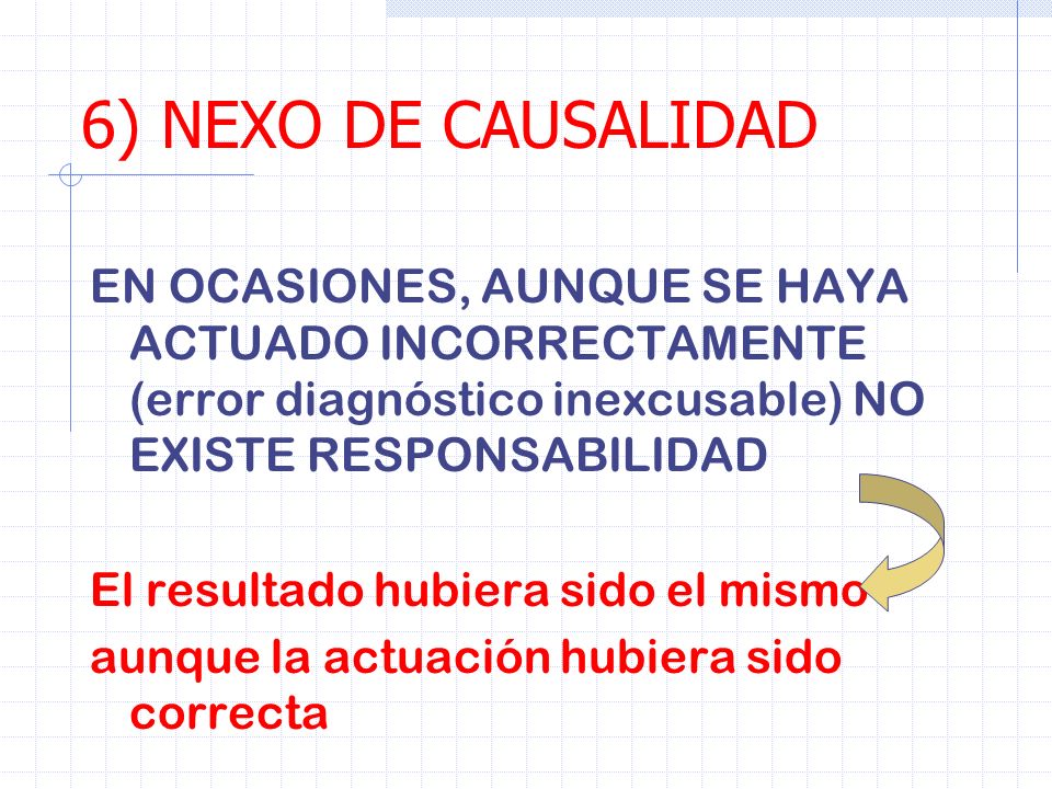 6) NEXO DE CAUSALIDAD EN OCASIONES, AUNQUE SE HAYA ACTUADO INCORRECTAMENTE (error diagnóstico inexcusable) NO EXISTE RESPONSABILIDAD.