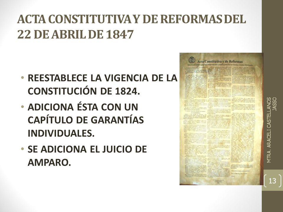 ACTA CONSTITUTIVA Y DE REFORMAS DEL 22 DE ABRIL DE 1847