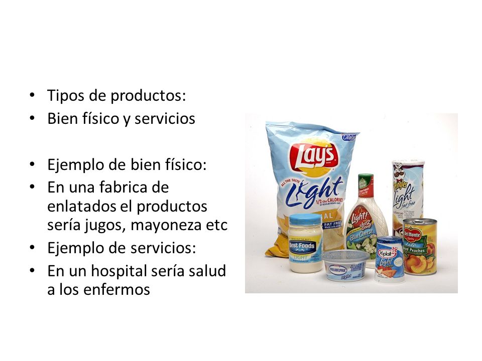 Tipos de productos: Bien físico y servicios. Ejemplo de bien físico: En una fabrica de enlatados el productos sería jugos, mayoneza etc.