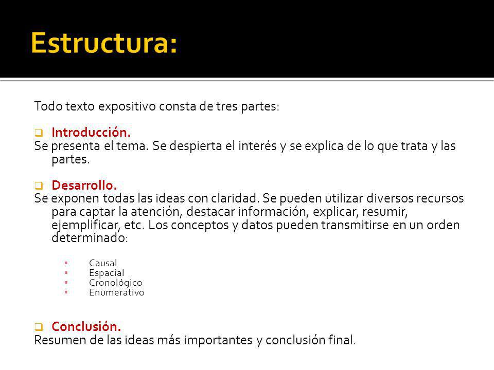 Estructura: Todo texto expositivo consta de tres partes: Introducción.