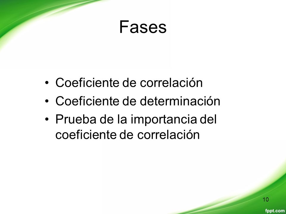 Fases Coeficiente de correlación Coeficiente de determinación