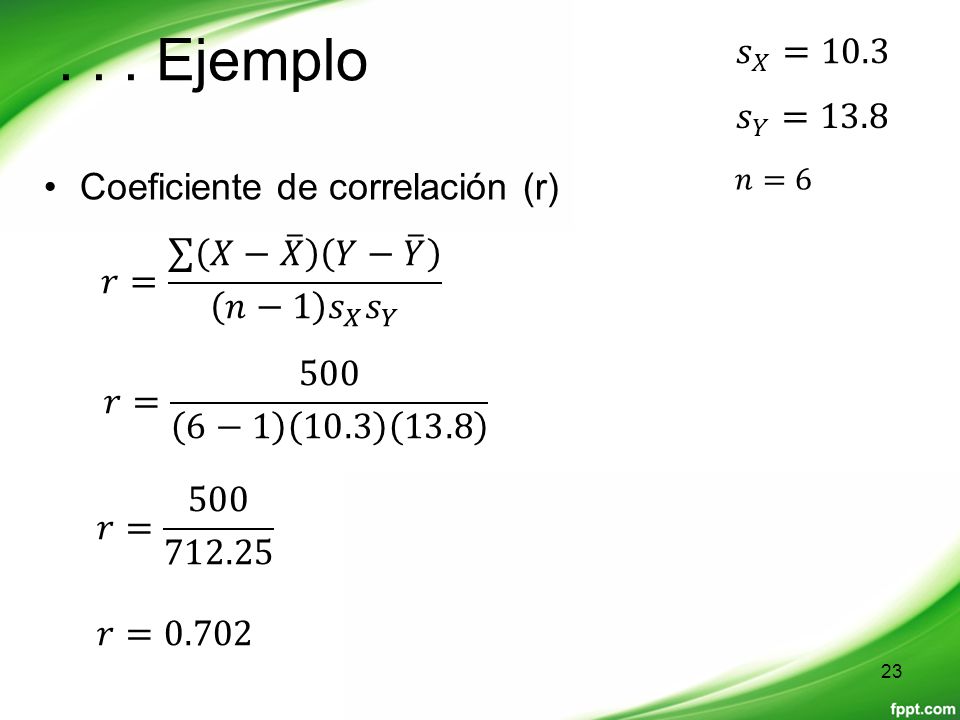 . . . Ejemplo 𝑠 𝑋 =10.3 𝑠 𝑌 =13.8 Coeficiente de correlación (r)