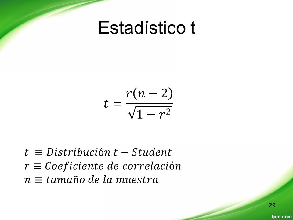 Estadístico t 𝑡= 𝑟 𝑛−2 1− 𝑟 2 𝑡 ≡𝐷𝑖𝑠𝑡𝑟𝑖𝑏𝑢𝑐𝑖ó𝑛 𝑡−𝑆𝑡𝑢𝑑𝑒𝑛𝑡