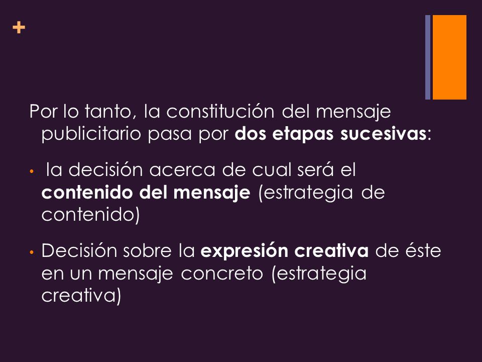 Por lo tanto, la constitución del mensaje publicitario pasa por dos etapas sucesivas: