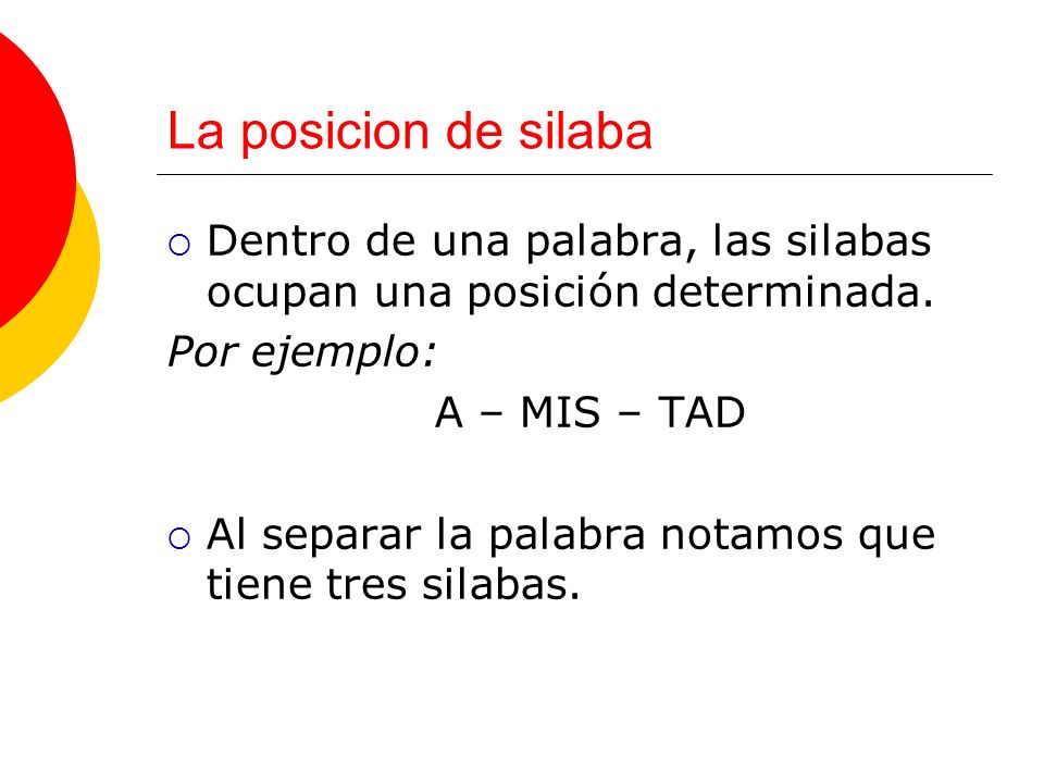La posicion de silaba Dentro de una palabra, las silabas ocupan una posición determinada. Por ejemplo: