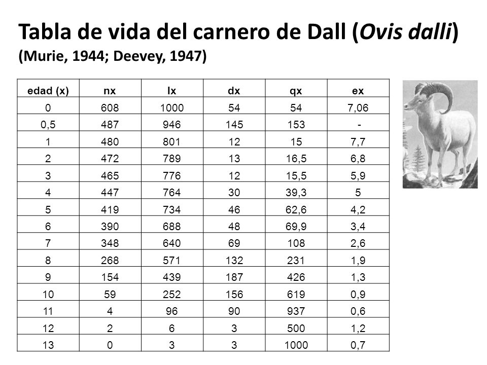 Tabla de vida del carnero de Dall (Ovis dalli) (Murie, 1944; Deevey, 1947)