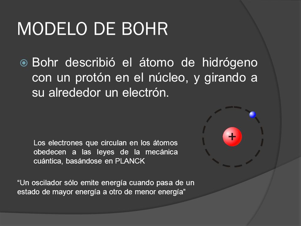 MODELO DE BOHR Bohr describió el átomo de hidrógeno con un protón en el núcleo, y girando a su alrededor un electrón.