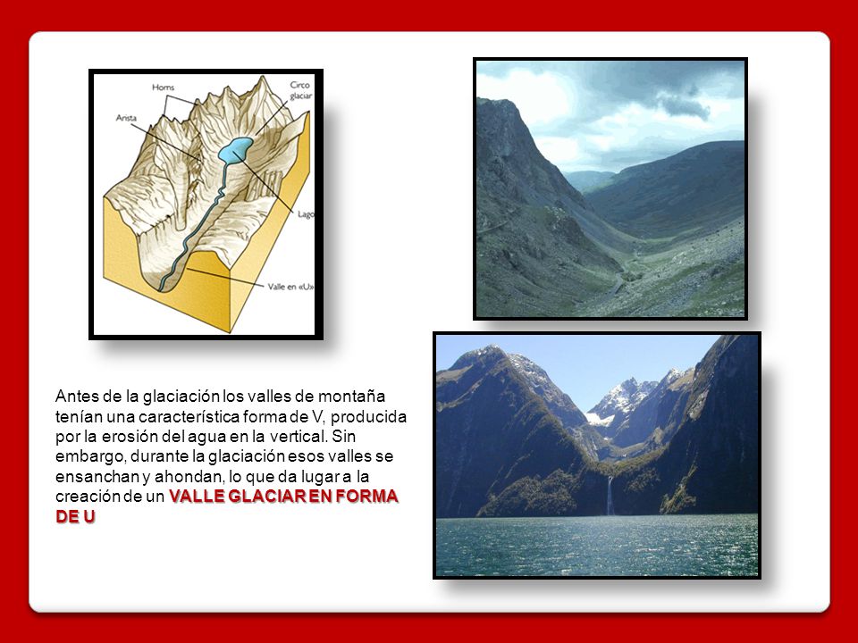 Antes de la glaciación los valles de montaña tenían una característica forma de V, producida por la erosión del agua en la vertical.