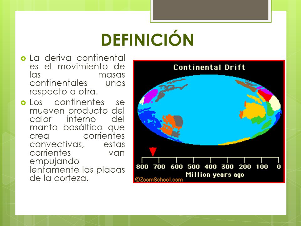DEFINICIÓN La deriva continental es el movimiento de las masas continentales unas respecto a otra.