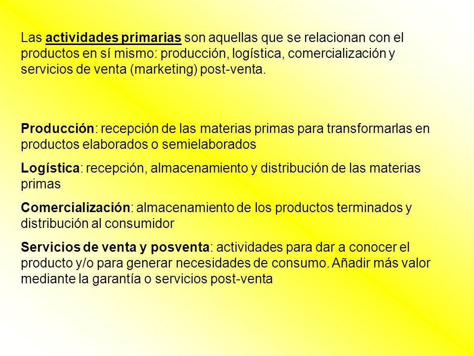 Las actividades primarias son aquellas que se relacionan con el productos en sí mismo: producción, logística, comercialización y servicios de venta (marketing) post-venta.