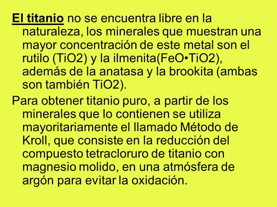 El titanio no se encuentra libre en la naturaleza, los minerales que muestran una mayor concentración de este metal son el rutilo (TiO2) y la ilmenita(FeO•TiO2), además de la anatasa y la brookita (ambas son también TiO2).