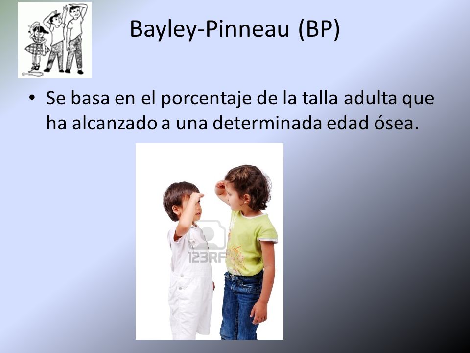 Bayley-Pinneau (BP) Se basa en el porcentaje de la talla adulta que ha alcanzado a una determinada edad ósea.