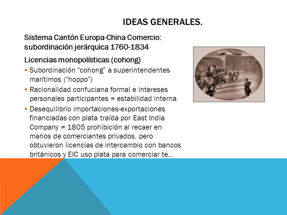 Ideas Generales. Sistema Cantón Europa-China Comercio: subordinación jerárquica Licencias monopolísticas (cohong)
