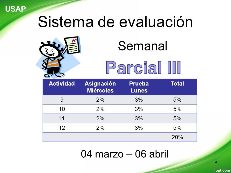 Parcial III Sistema de evaluación Semanal 04 marzo – 06 abril USAP