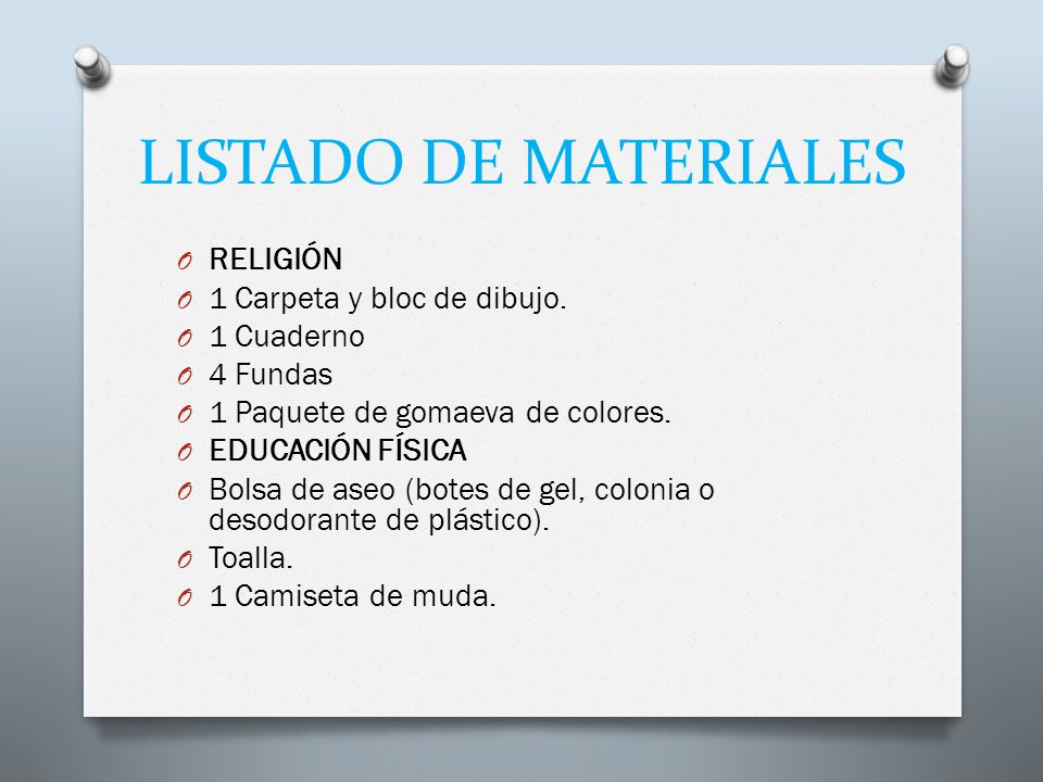 LISTADO DE MATERIALES RELIGIÓN 1 Carpeta y bloc de dibujo. 1 Cuaderno