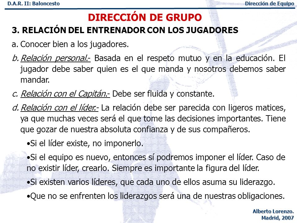 DIRECCIÓN DE GRUPO 3. RELACIÓN DEL ENTRENADOR CON LOS JUGADORES