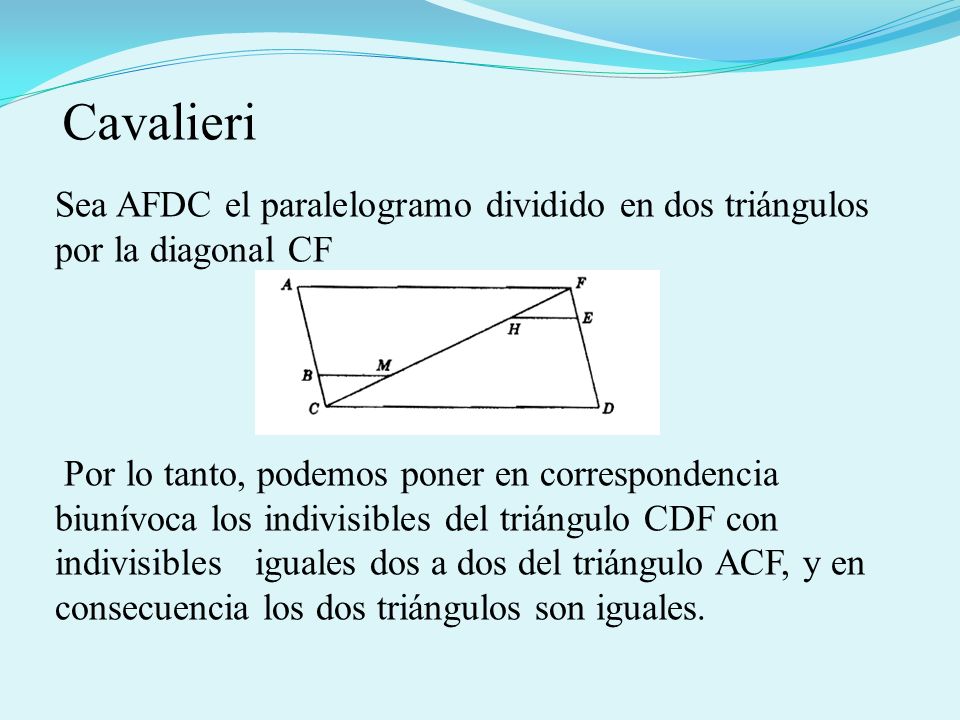 Cavalieri Sea AFDC el paralelogramo dividido en dos triángulos por la diagonal CF.