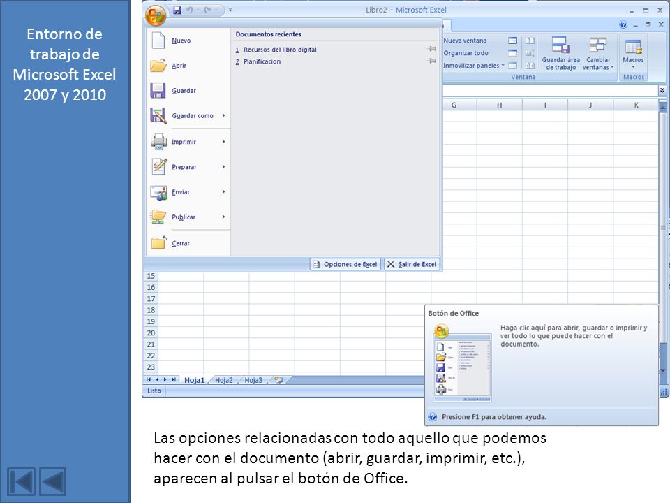 Entorno de trabajo de Microsoft Excel 2007 y 2010